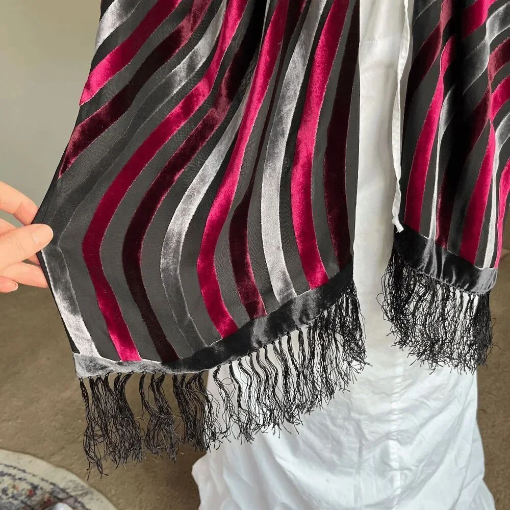 VTG Silk Velvet Devore Scarf Opera Evening Fringe Witchy Dark Romantic 13x58